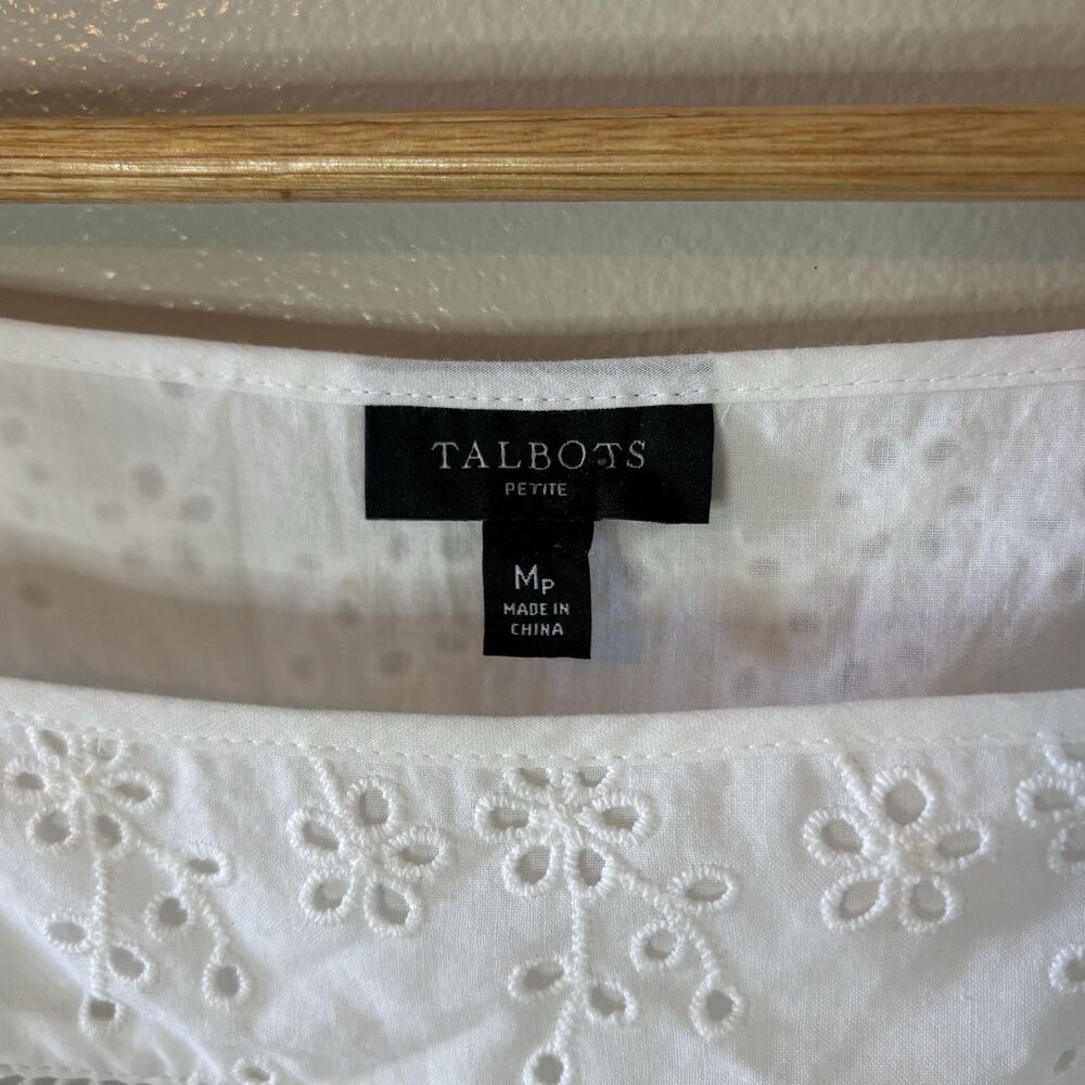 Talbots Eyelet Short Sleeve Top White Peasant Cottage Blouse Sz Medium Petite - Picture 3 of 7